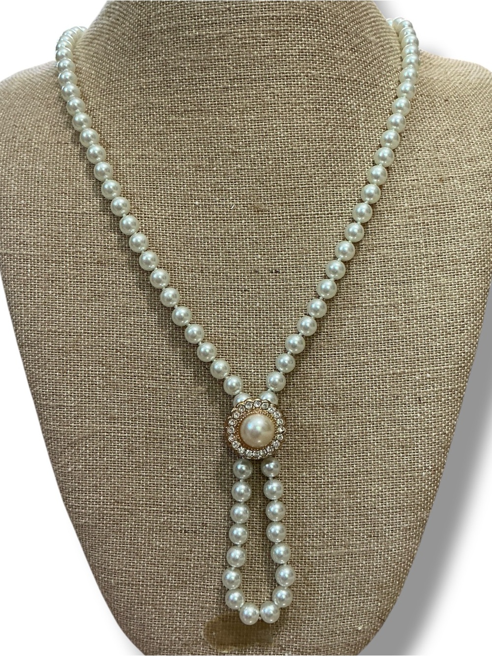 Classic Pearl Lariat Necklace with Gold-Tone Rhinestone Accent Enhancer Pendant - Picture 3 of 10